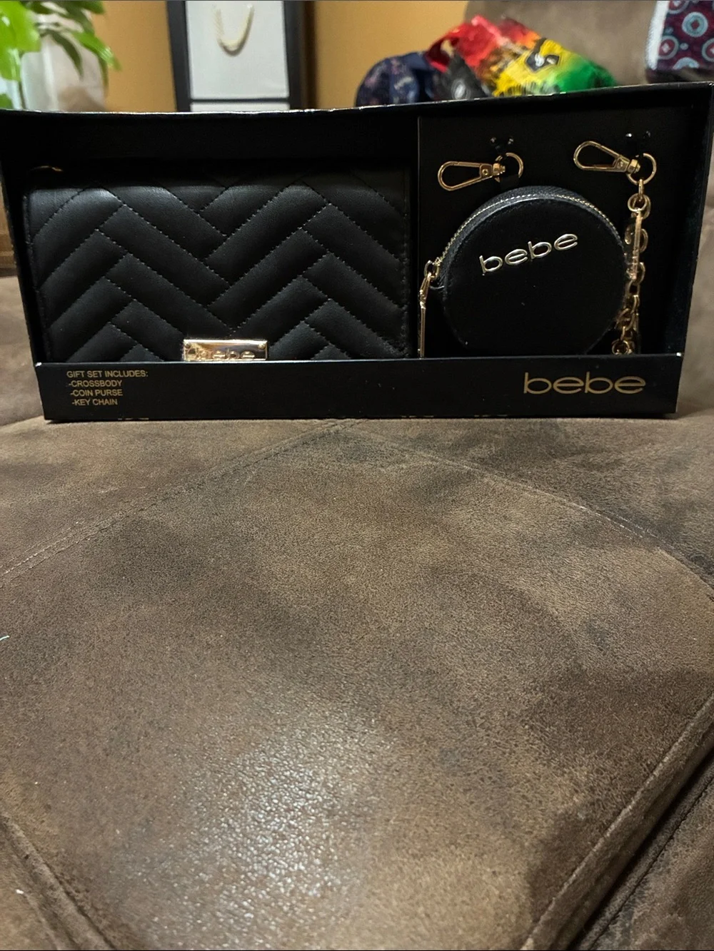 Bebe Black Quilted Wallet and Coin Purse Key Set with Gold Accents
